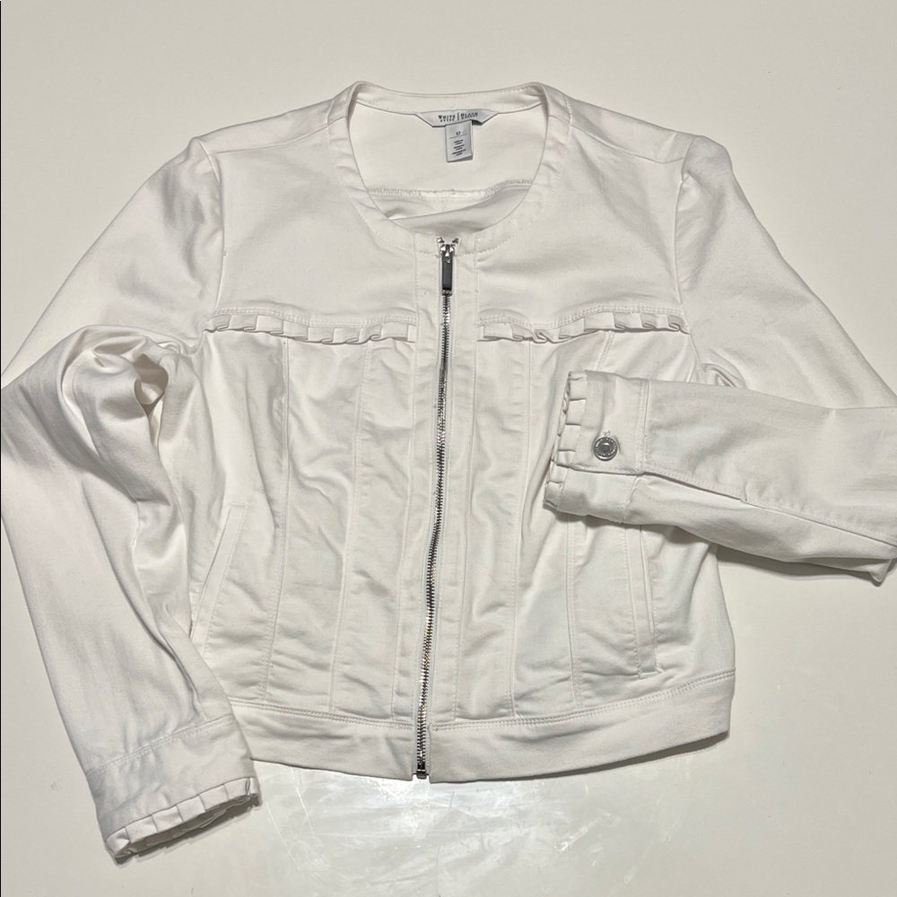 White House Black Market Ivory Jean Jacket with Ruffle Trim